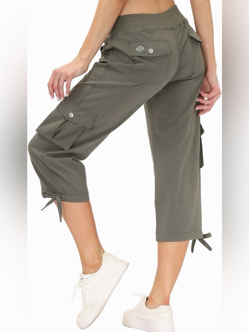 Women’s SZ M Cargo Capri with Tie Hem 3 colors Olive Green, Pink and Blue - Picture 3 of 8
